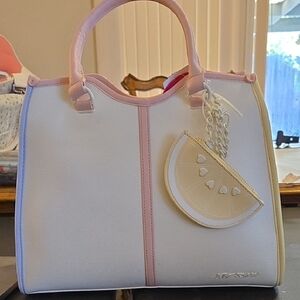 White, Blue, Yellow and Pink Betsey Johnson Tote with Lemon Charm